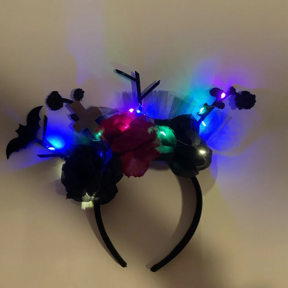 Goth Halloween LED Light Up Headband Bat Cross Roses Graveyard Costume Party